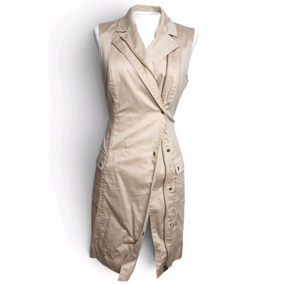 Peck & Peck Collection Safari Shirt Dress Khaki Sleeveless Zip Size 8 Women